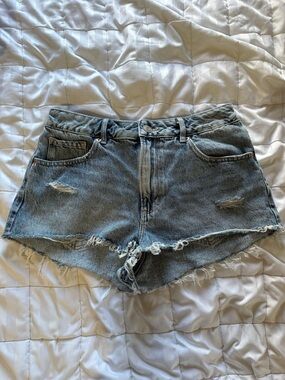 GARAGE- Cheeky Distressed Denim Shorts - Light Blue